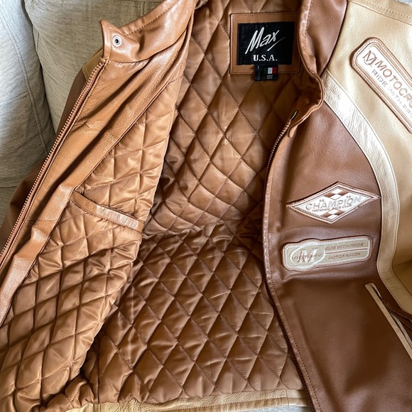 Men’s Max U.S.A beige and brown motorcross leather jacket - Picture 2 of 7